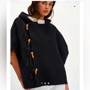 Free People Black Hooded Poncho with Toggle Accents NWOT